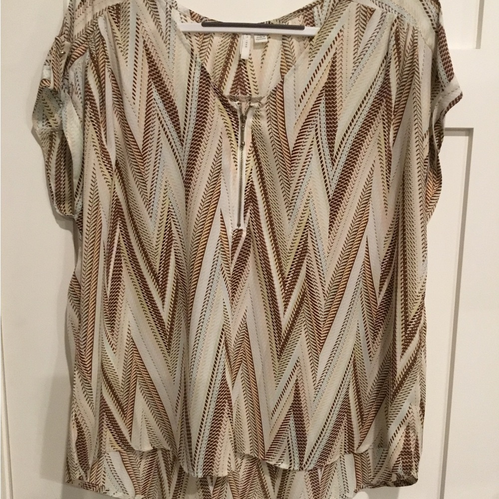 Cato Brown and Cream Short Sleeve Relaxed Blouse with Tie Front